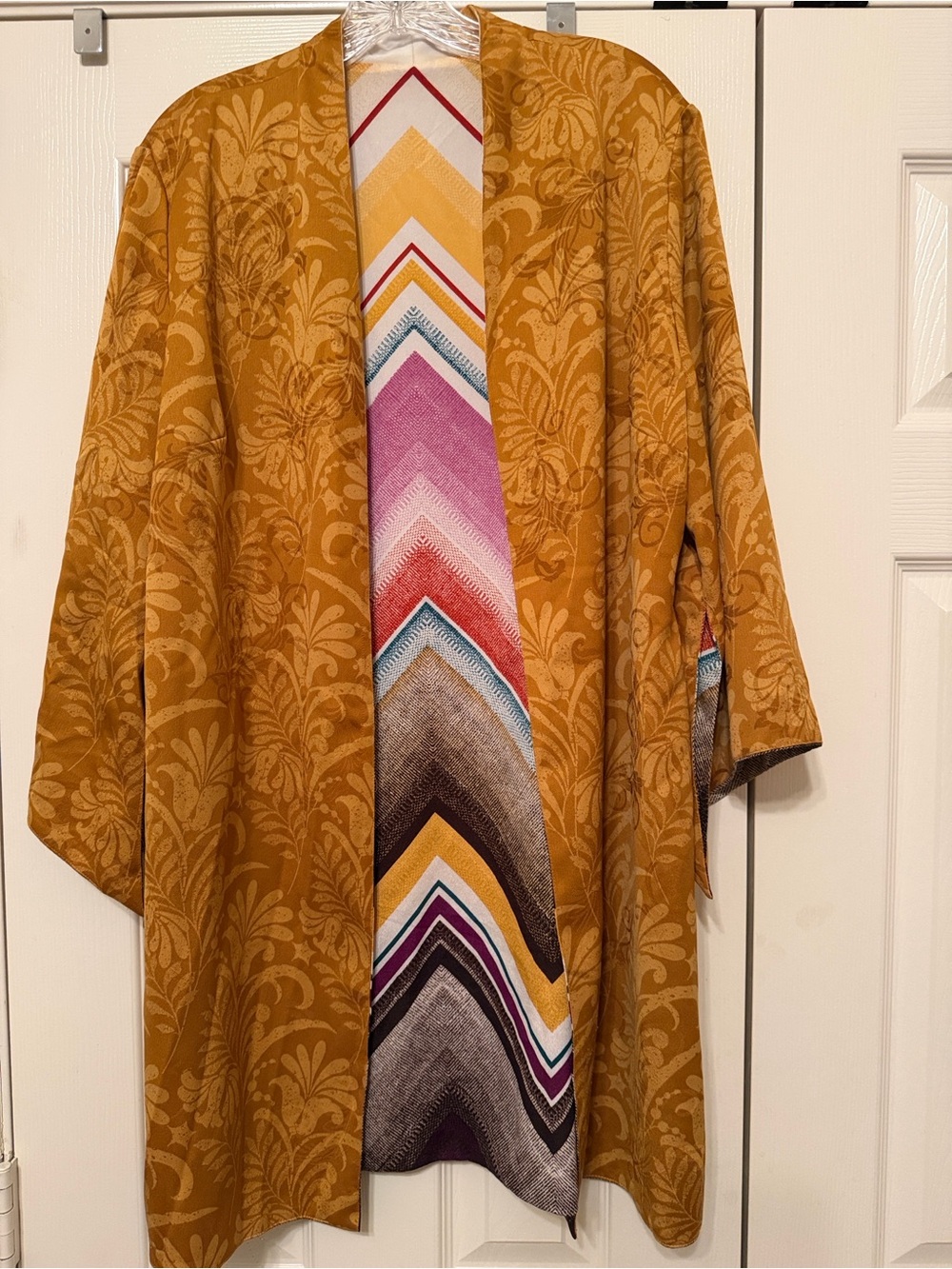Chico's Reversible Mustard Floral Jacquard Open Kimono with Multicolor Chevron L